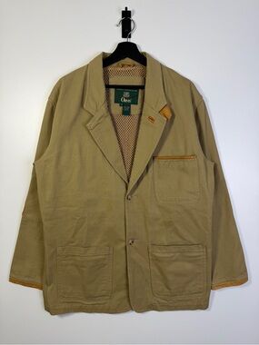 Vintage Orvis Leather Trim Hunting Blazer Jacket Khaki Medium Beige